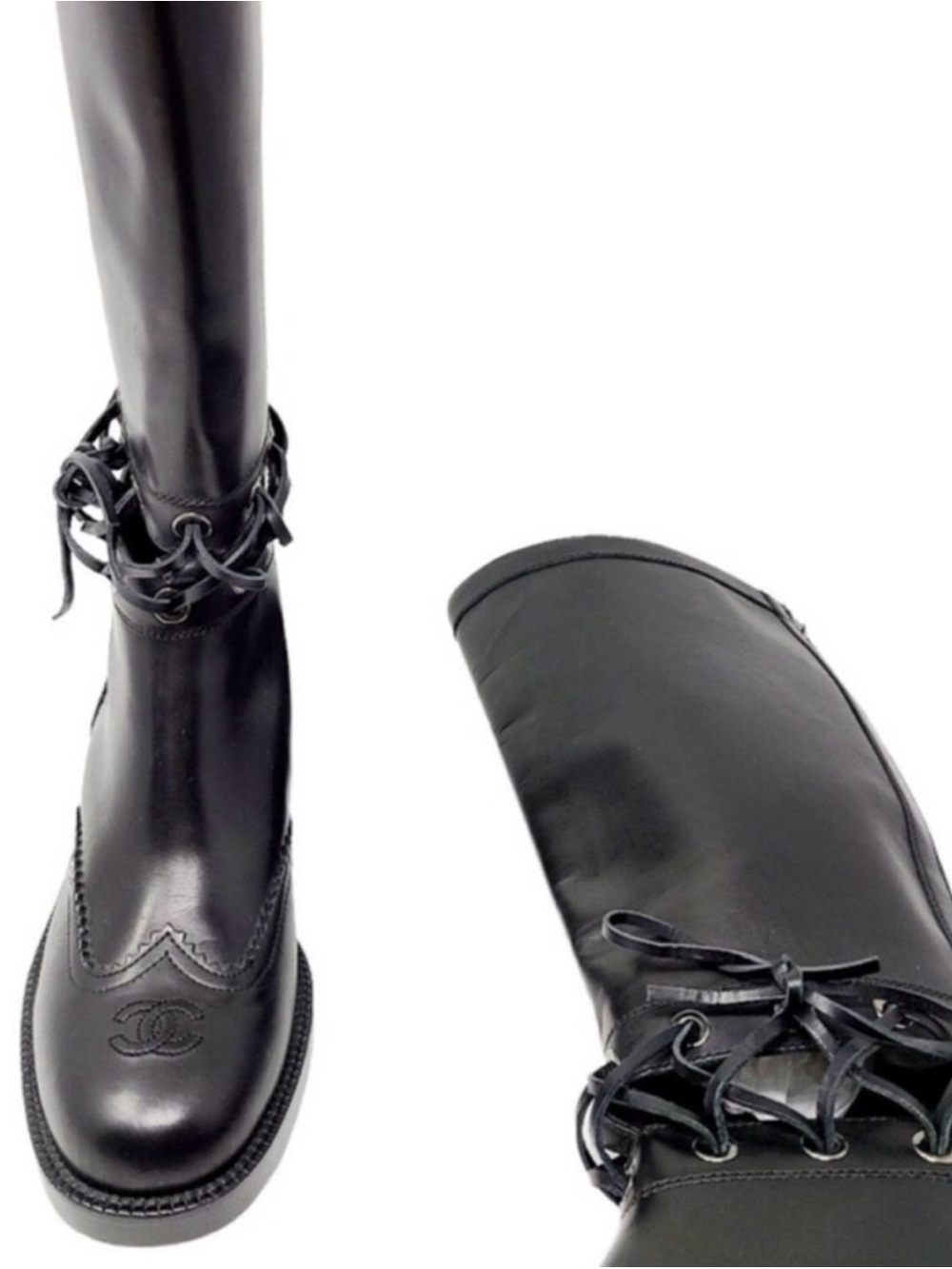 CHANEL Black Leather Knee High Lace Detail riding Boot Runway Fall 2016 - Picture 8 of 14